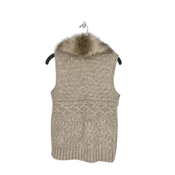 Loft Cable Knit Sweater Vest Wool Blend Faux Fur Collar Zip Up Pockets Brown M - Picture 2 of 6
